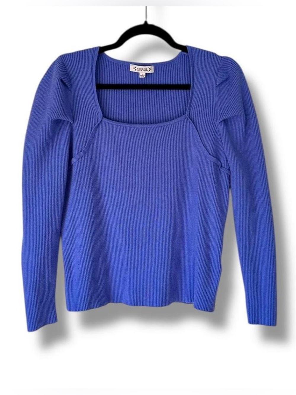 Nanette Lepore Periwinkle Ribbed Knit Square Neck Pleated Long Sleeve Sweater L